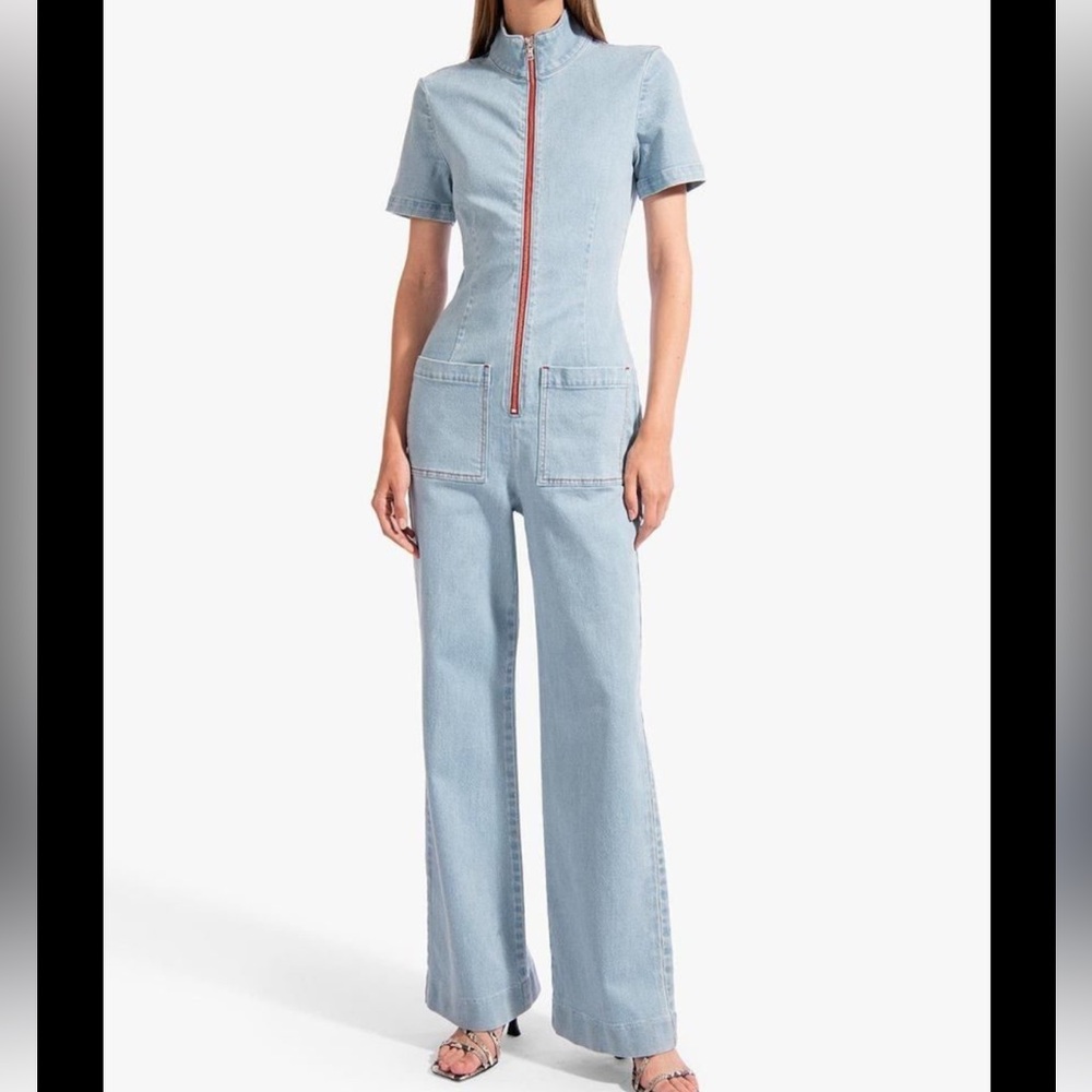 staud blue denim jumpsuit